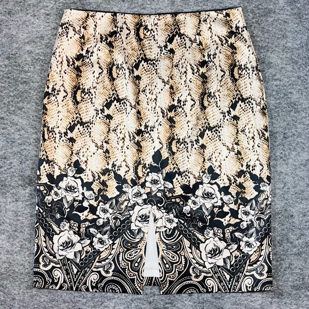 White House Black Market Pencil Skirt Womens 12 Tan Snakeskin Floral Office Chic - Picture 4 of 10